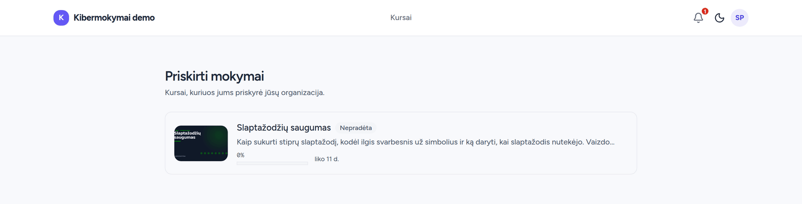 Priskirtų mokymų sąrašas su terminais ir būsenomis