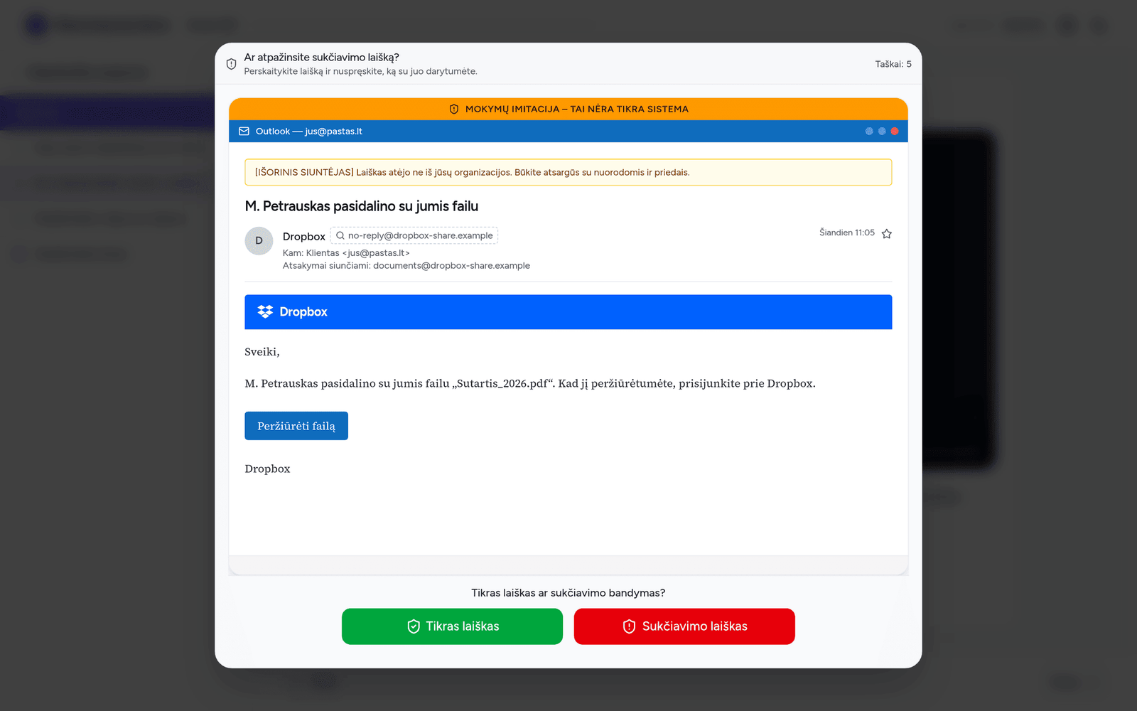 Fišingo laiško žaidimas: „Outlook“ imitacija su „Dropbox“ laišku ir mygtukais „Tikras laiškas“ / „Sukčiavimo laiškas“